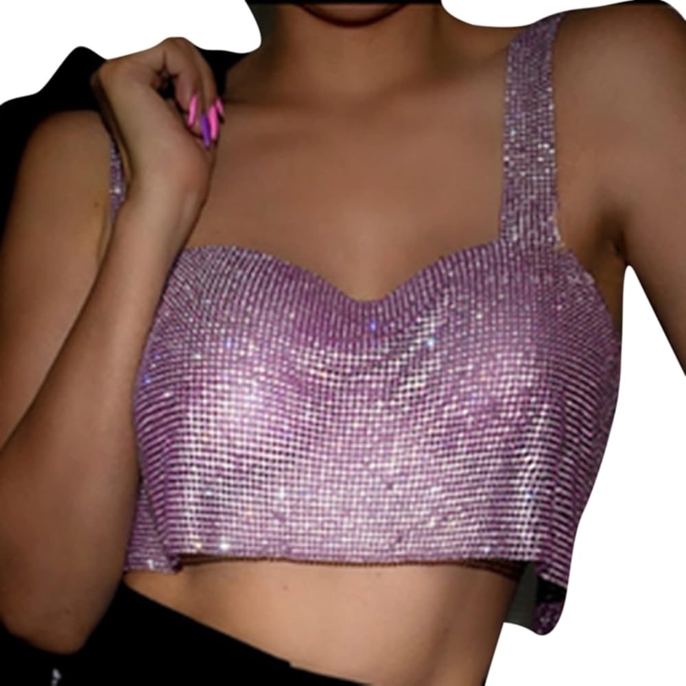 Women Sexy Sparkly Crystal Rhinestone Crop Top